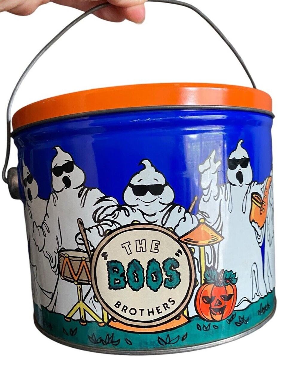 Halloween Tin Bertels Boos Brothers Ghost Band 90s Bucket Pail Trick Treat Vtg